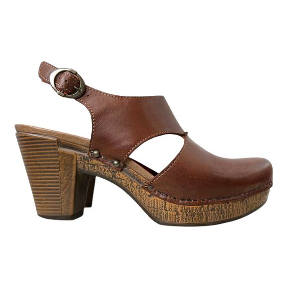 DANSKO Riley Cut Out Slingback Clog Platform Heels in Brown Leather W 8.5–9 - Picture 1 of 13